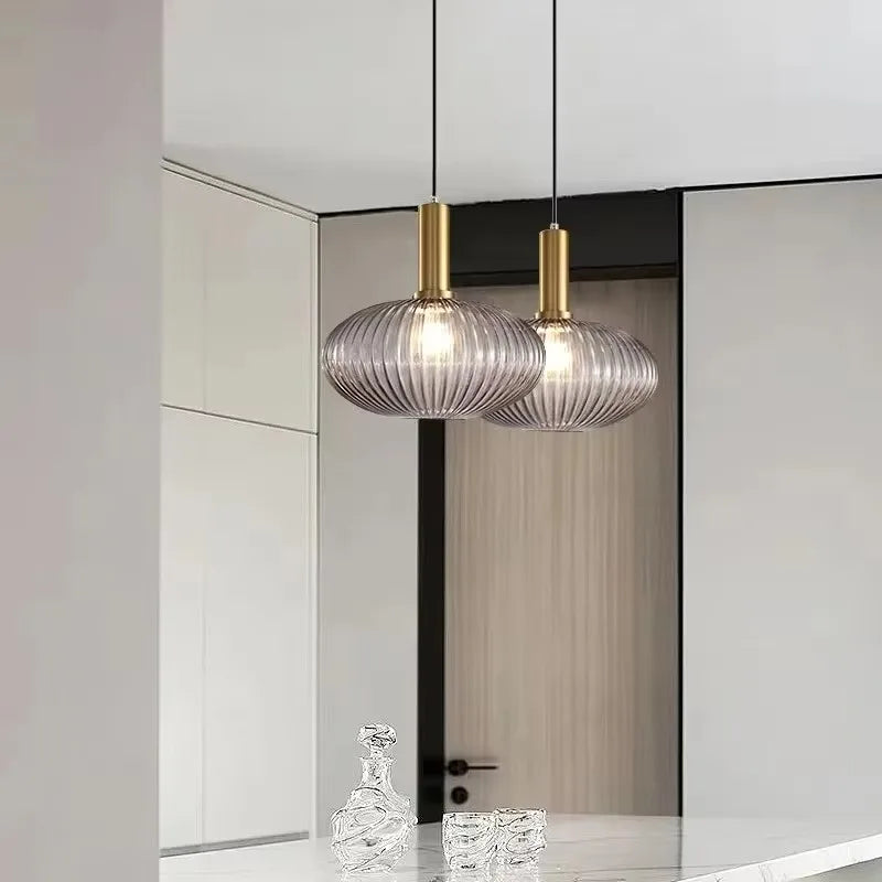 suspension lumineuse moderne or vert ampoule e27 rayures horizontales opacité 20cm 30cm