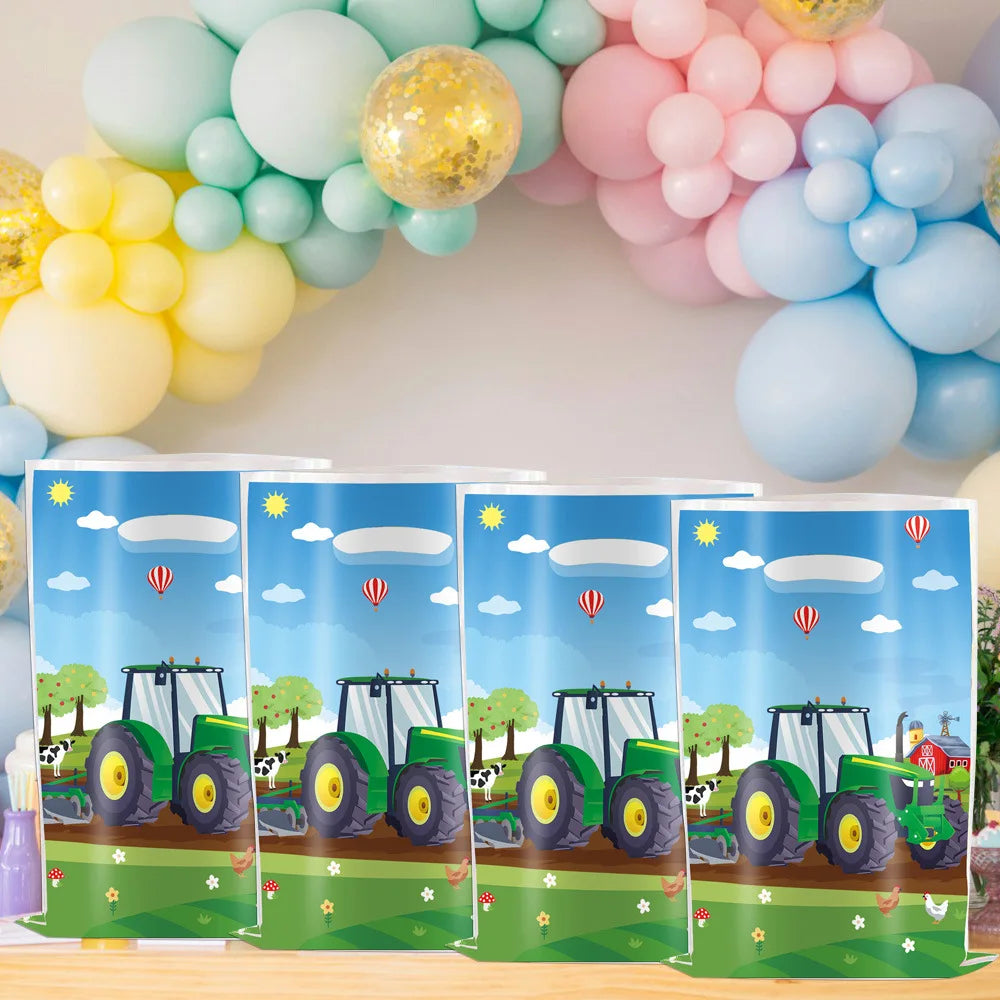 sac cadeau anniversaire paysage rural tracteur ferme animaux ballons illustration cartoon poignées blanches