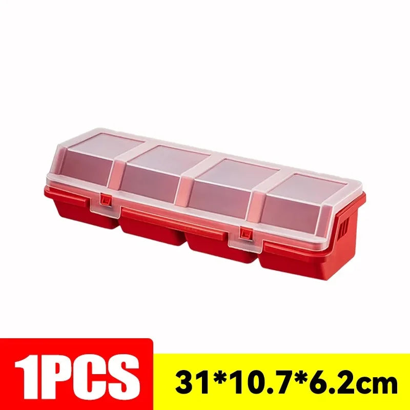 boîtes rangement multi compartiments plastique bleu rouge pratiques modernes vis clous ruban métroclé cliquet