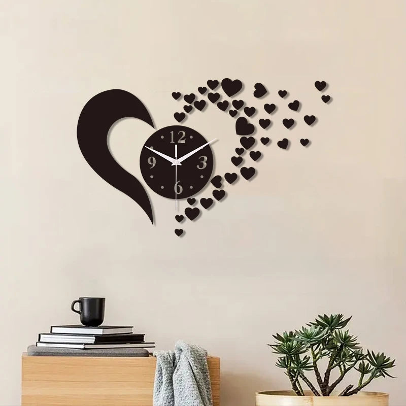 horloge murale acrylique forme cœur quartz noir décoration moderne chambre salon adhésif aiguille