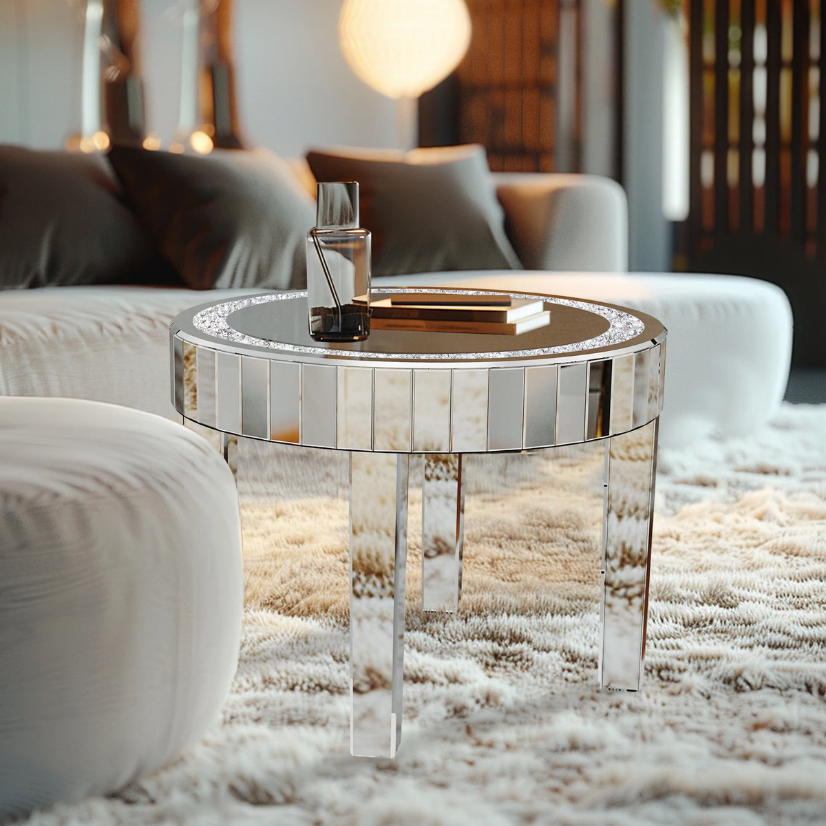 table d'appoint ronde moderne miroir argenté élégante pieds transparents vase livre tapis chambre salon