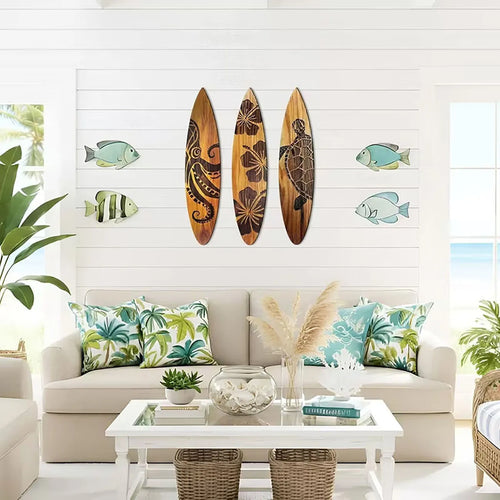 décorations murales surf bois coquillage tortue adhésif nautique maison côtes gravures brunes