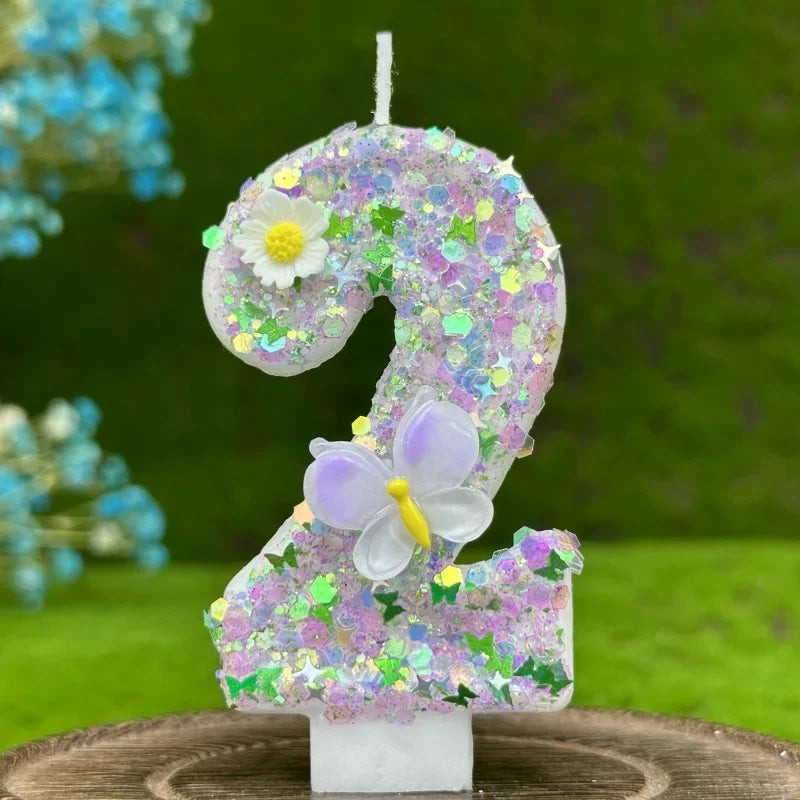 bougies numérales pailletées fleurs reliefs adhésives anniversaire enfant violet blanc vert bleu doré