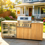 cuisine exterieure inoxydable blanc moderne evier grille cuisson portes vitrees respectueux environnement fonctionnelle