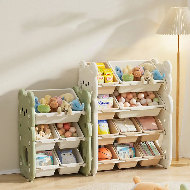 meuble rangement jouets articles divers moderne couleur beige clair texture plastique lisse salon respectueux
