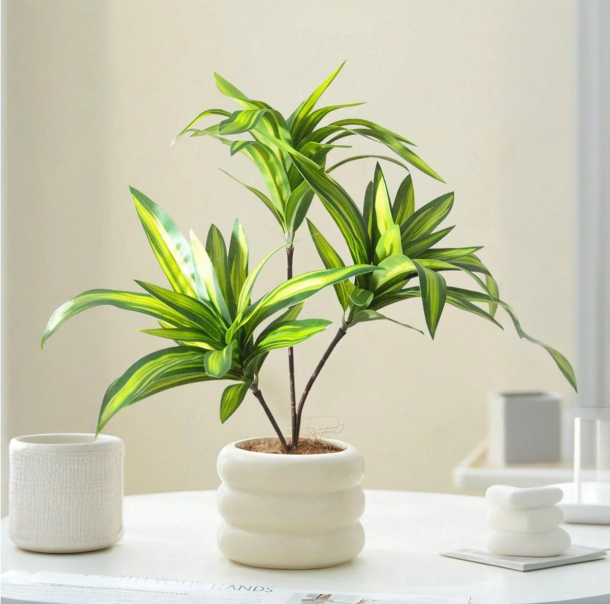 plantes artificielles arbres vertes feuilles modernes decoration exterieur pot blanc sol brunes