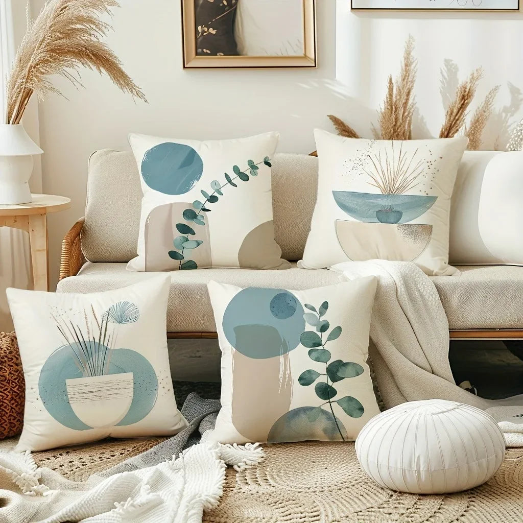 taies d'oreiller lin motif abstrait feuilles cercles moderne decoration maison