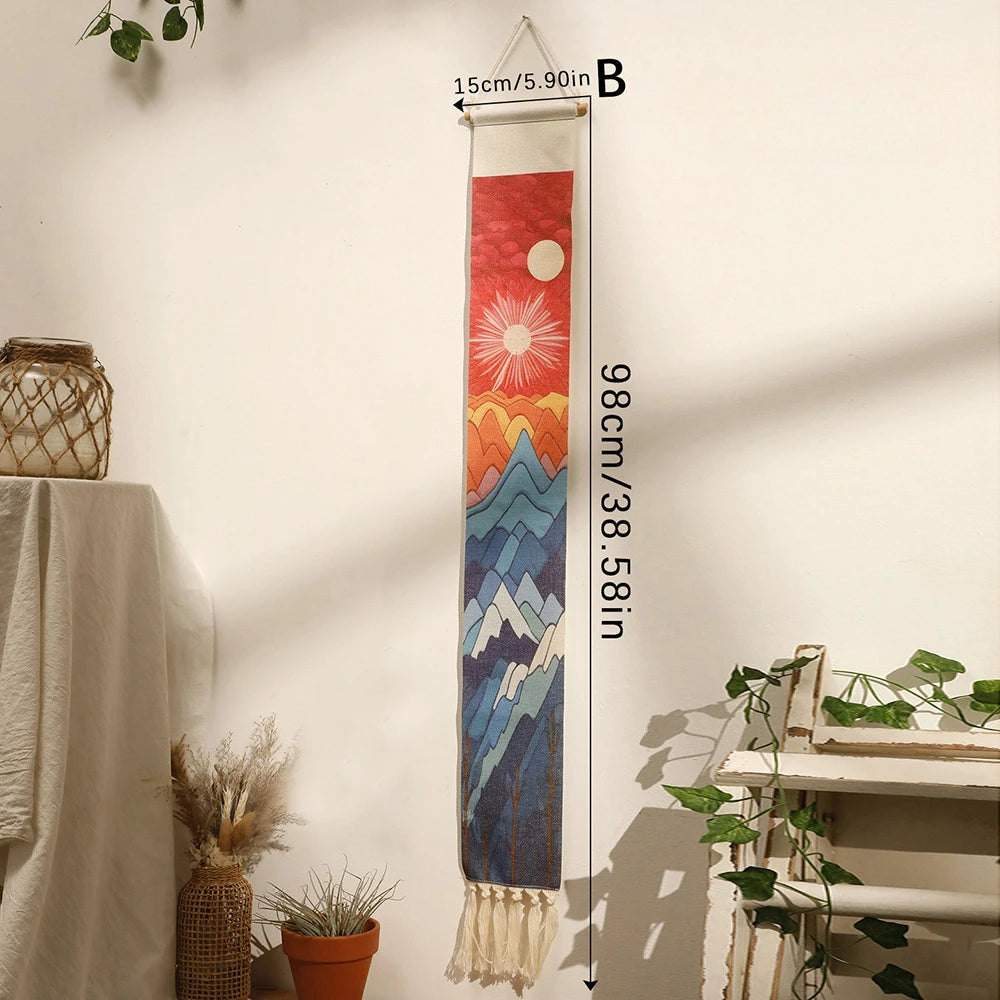 tenture murale bohème paysage montagnes soliel coton orange rouge bleu beige blanc minimaliste