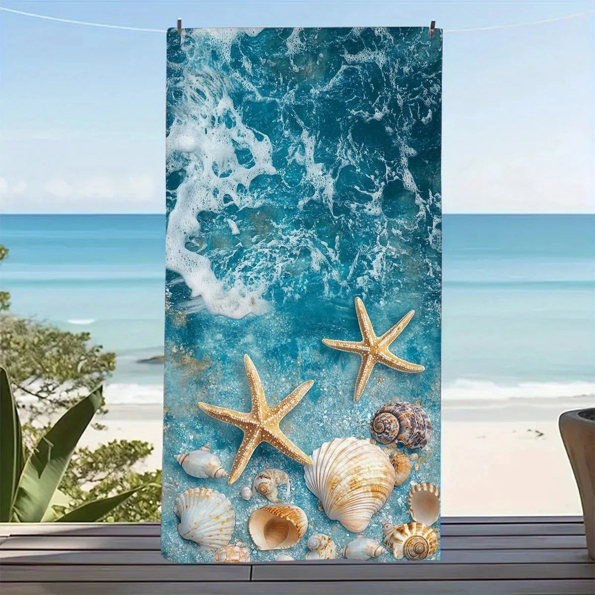 serviette plage motif marin étoiles mer coquillages rapide sec bleu moderne été absorption polyester
