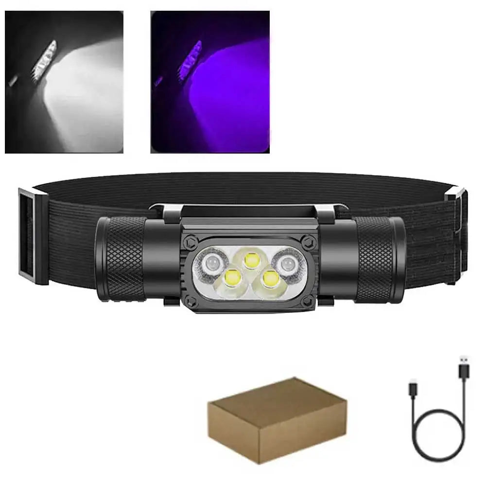 lampe frontale uv rechargeable led 18650 batterie type camping chasse