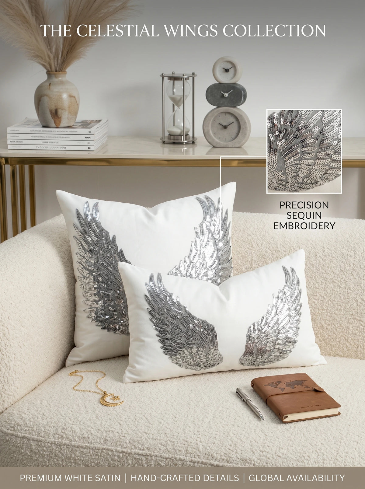 coussin décoratif boho chic ailes ange broderie paillettes noir blanc argenté 40x40cm 30x30cm
