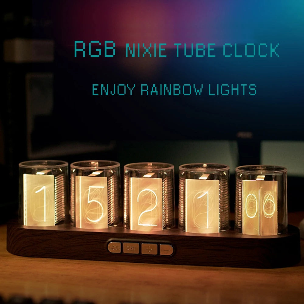horloge tubes nixie rgb couleur changement transparent moderne technologie affichage numérique contrôles