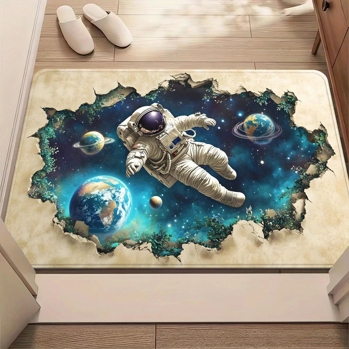 tapis moderne astronaute planètes beige bleu noir blanc antidérapant salon chambre