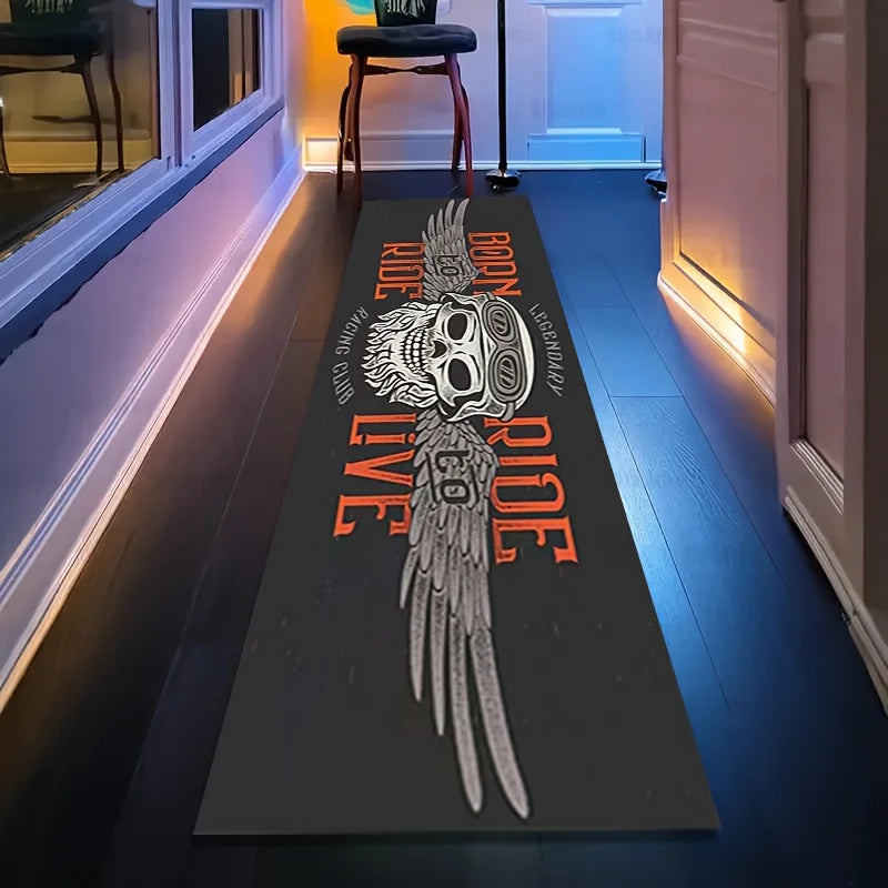 tapis crâne ailes born to ride graphique noir blanc orange imperméable antidérapant polyvinyle polyester