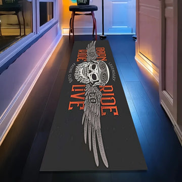 tapis crâne ailes born to ride graphique noir blanc orange imperméable antidérapant polyvinyle polyester