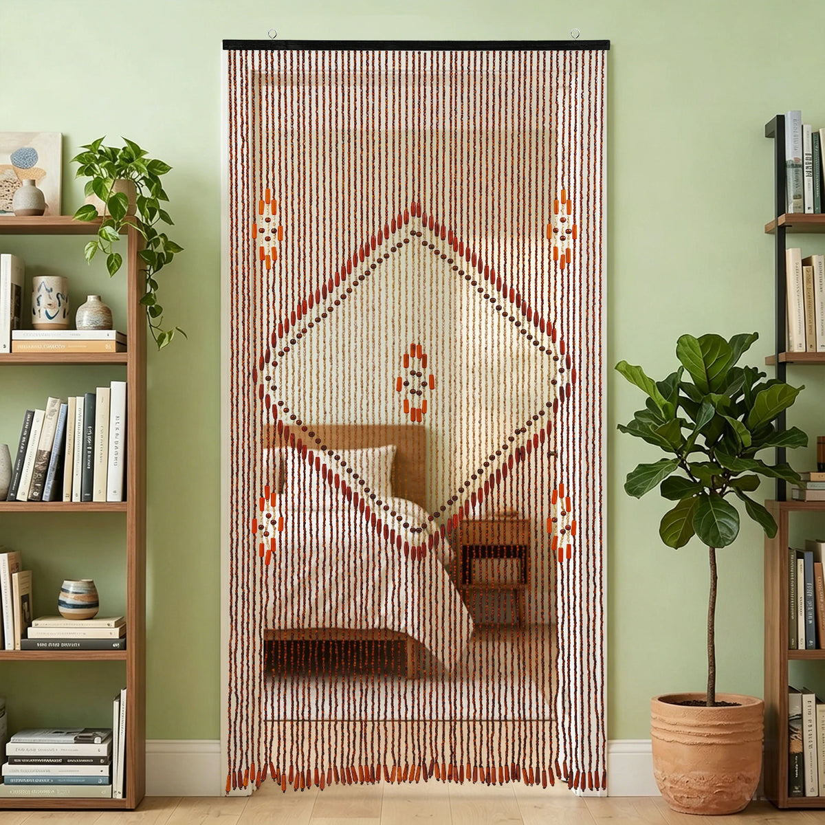 rideau décoratif bois motifs géométriques beige orange semi transparent bohème 90x195cm
