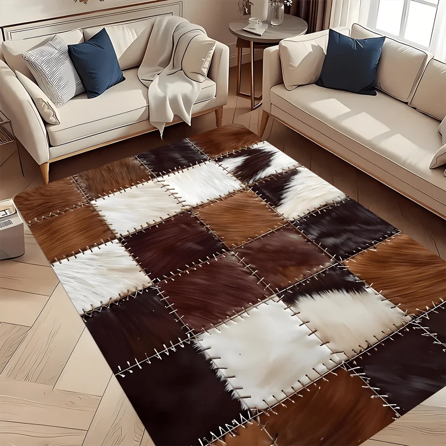 tapis marron blanc patchwork imitation cuir antidérapant moderne rustique intérieur cuisine salle bain