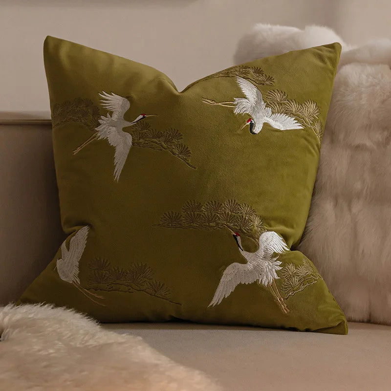 housse coussin noir oiseaux dorés traditionnel brodé opacité polyester coton 45x45cm 50x50cm