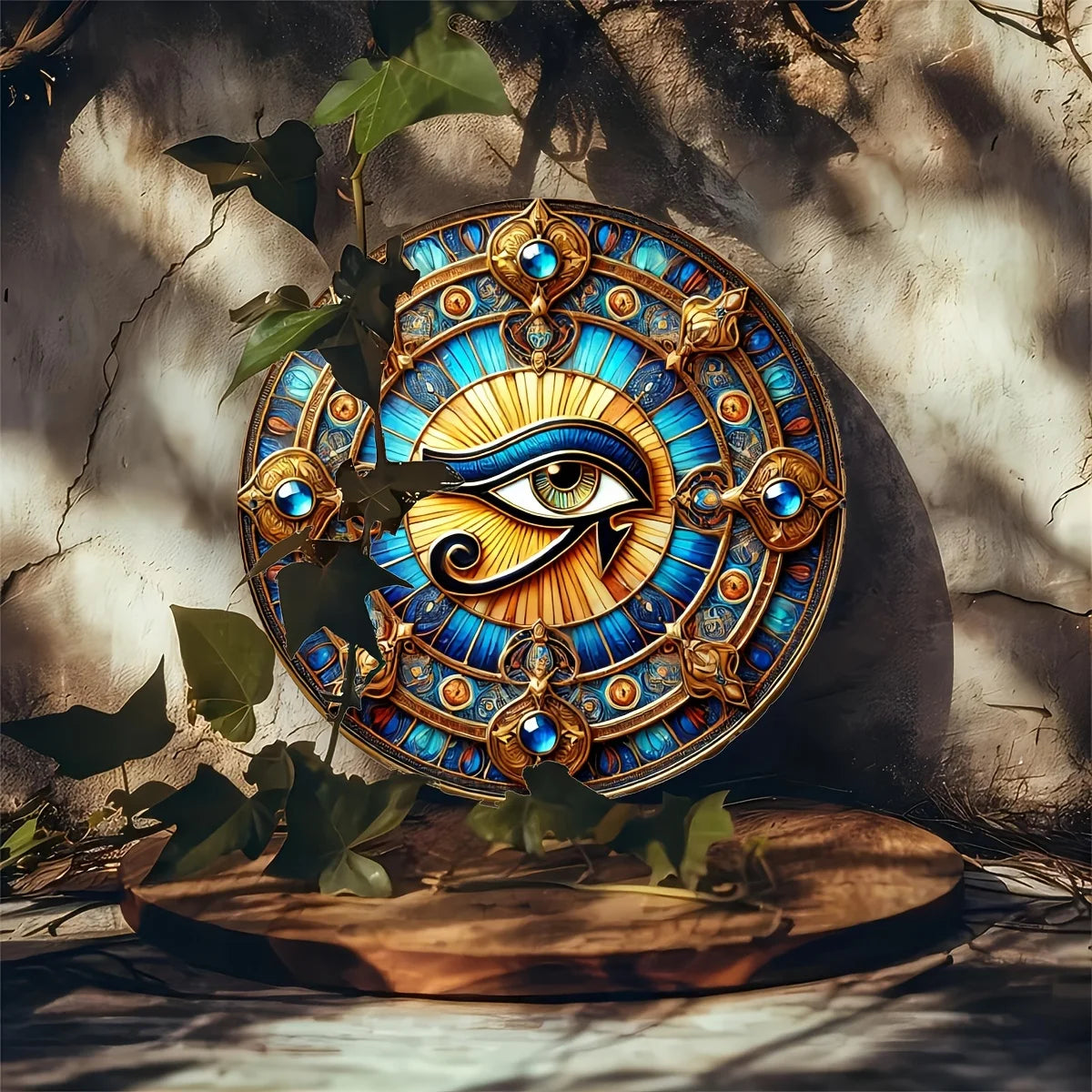 plaque murale oeil horus bleu doré art déco rétro ornement géométrique 20cm fixation mur