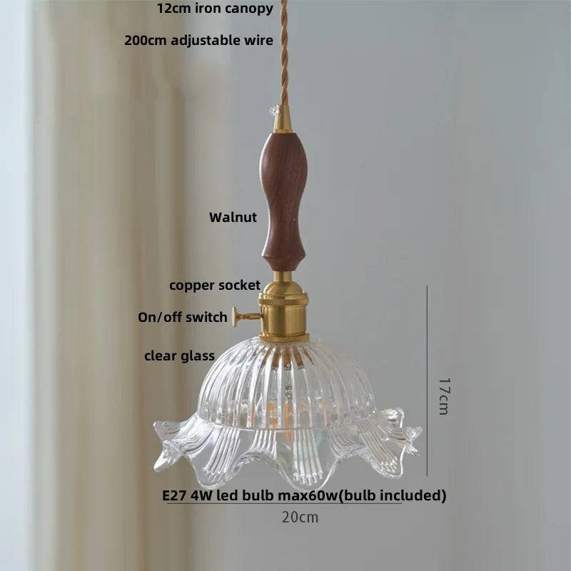 lampe suspendue verre transparent bois foncé vintage rustique feuilles dorées tringle