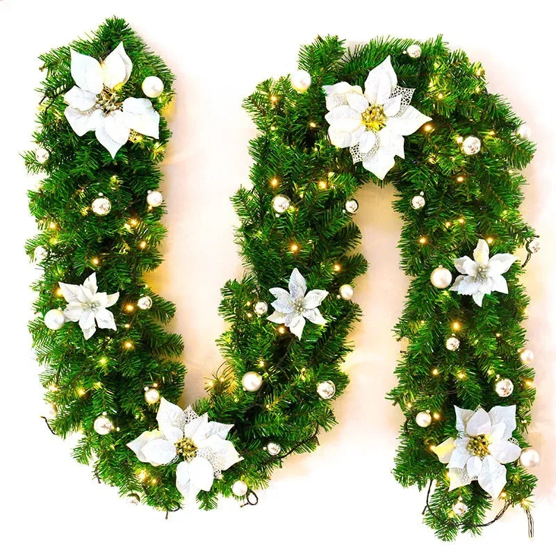 Guirlande Noël fleurs artificielles boules décoratives lumineuses intérieur festif vert doré rouge bleu