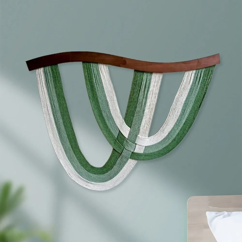décoration murale moderne art abstrait spirales tissage vert blanc sans cadre bois coton