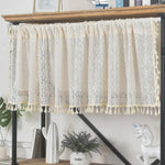 rideau cuisine beige dentelle géométrique vintage bohème opacité crochets franges