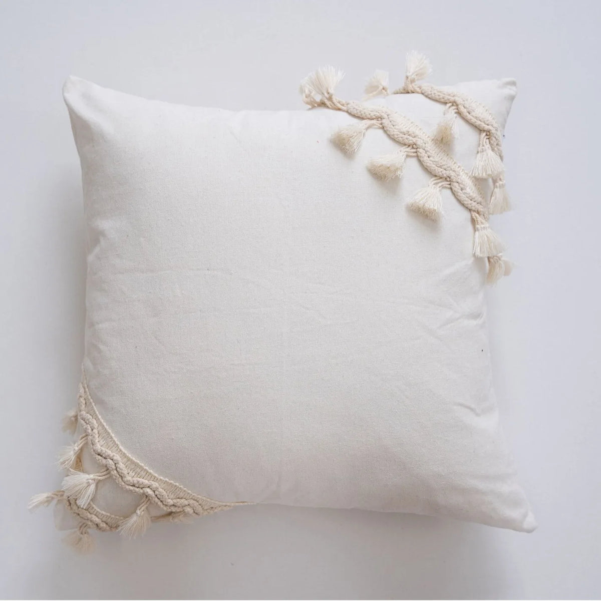 coussin carré bohème franges blanches beige décor maison tissu polyester simple 60x60cm