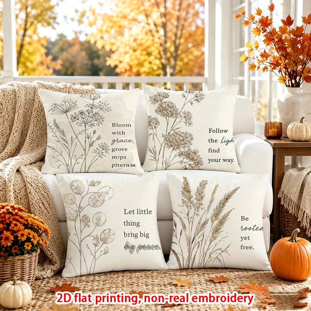 housses coussins décoratives automnales motif fleurs séchées blanc beige 40x40cm 45x45cm 50x50cm 60x60cm polyester