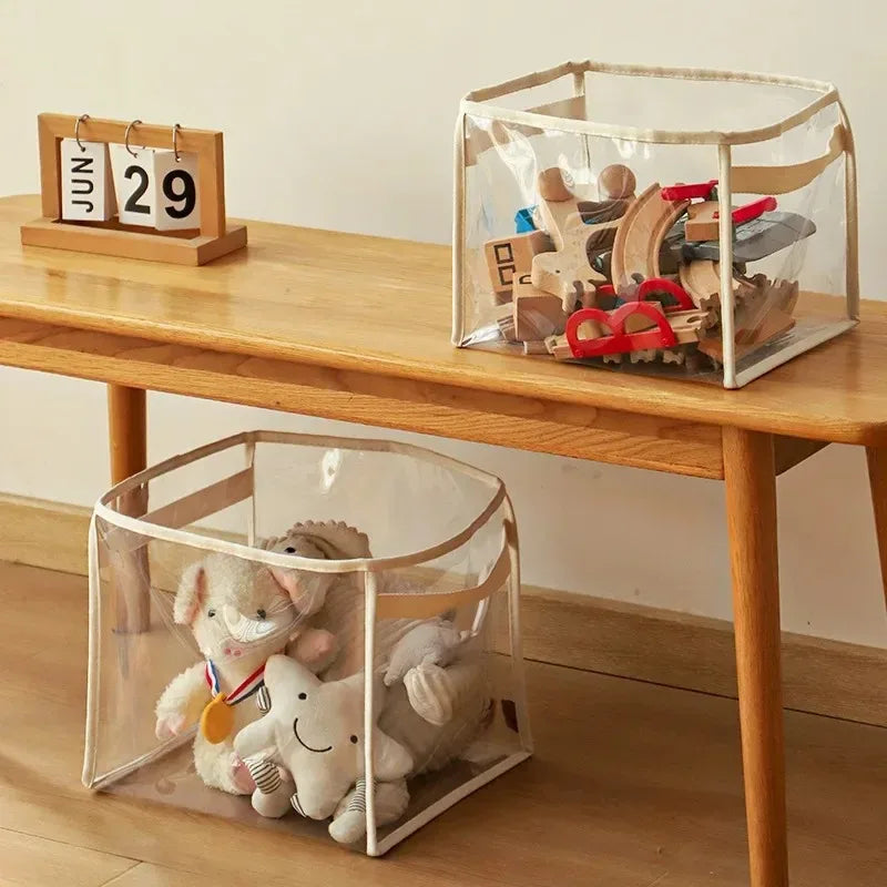 boîtes rangement transparentes moderne minimaliste poignées tissu enfant livres jouets