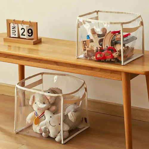 boîtes rangement transparentes moderne minimaliste poignées tissu enfant livres jouets