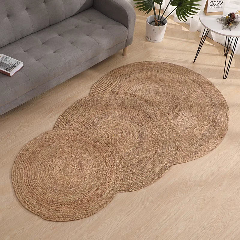 tapis rond naturel spirale concentrique tissé main rustique salon chambre coucher polypropylène