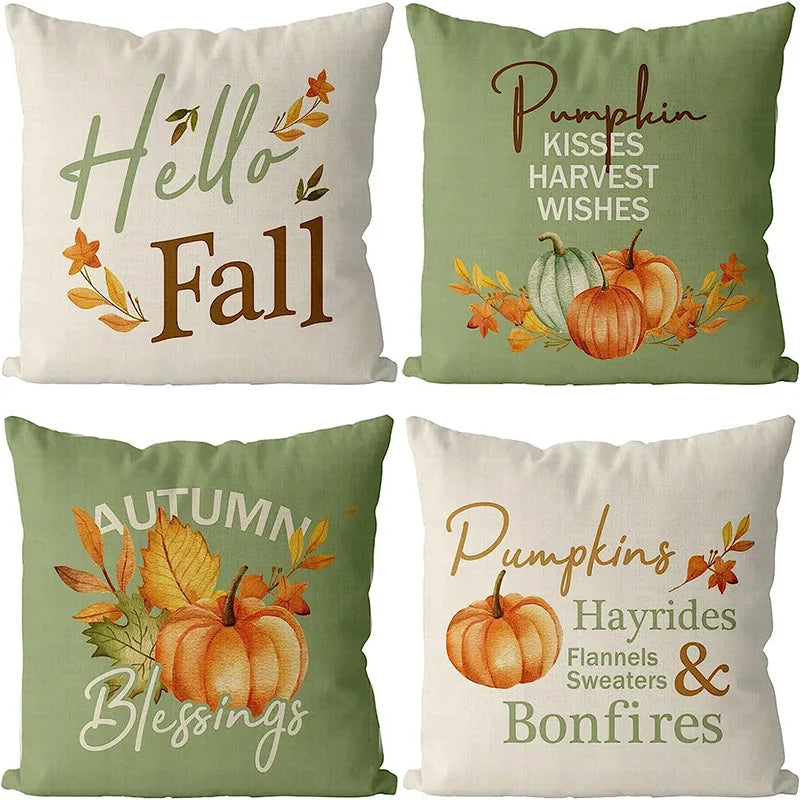 taies d'oreiller automnales motif feuilles pommes zipper beige vert clair respectueux environnement decoratif saisonnier