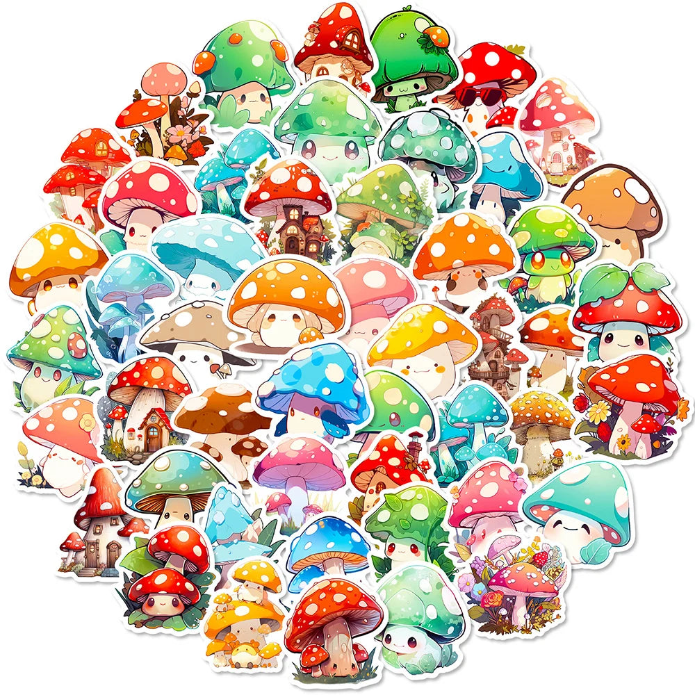 sticker kawaii champignon dessin animé vert bleu orange rouge blanc adhésif collection diy scrapbook