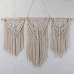 tapisserie macramé bohème franges géométriques beige clair mur décoration artisanal coton lavage main