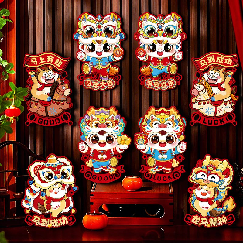 décoration murale festive chevaux zodiaque chinois personnages animaux ornements traditionnels adhésif porte fenêtre rouges