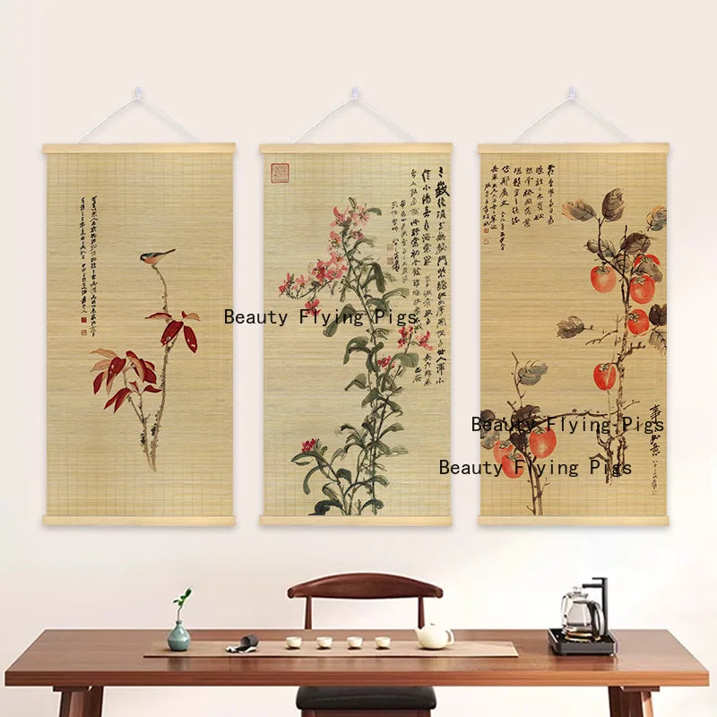 rideau bambou peinture chinoise oiseaux fleurs paysages beige clair opacité moderne art traditionnel chinois