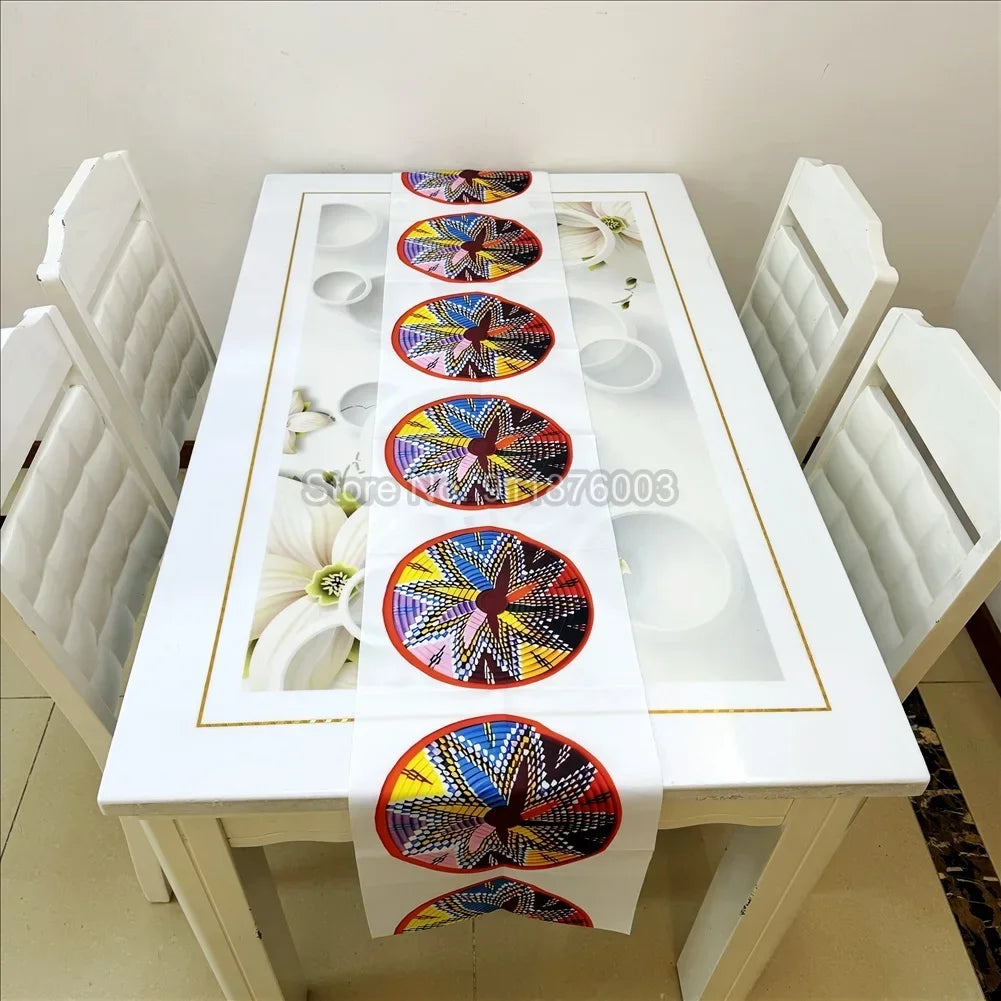 nappe géométrique ethnique polyester couleur rouge bleu blanc table mariage salle manger
