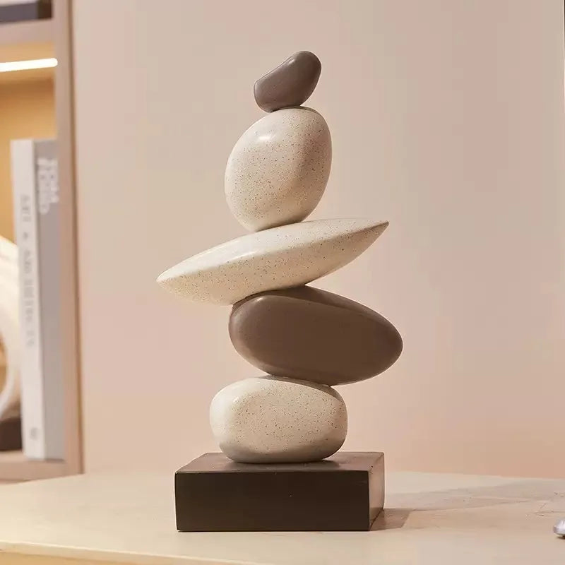 sculpture décorative pierres empilées moderne ornement intérieur feng shui beige marron gris minimaliste contemporain