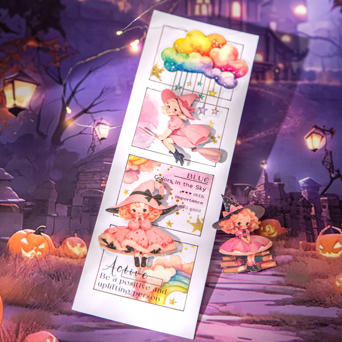 autocollants sorcières halloween personnages citrouilles chats papillons noir rose vert orange