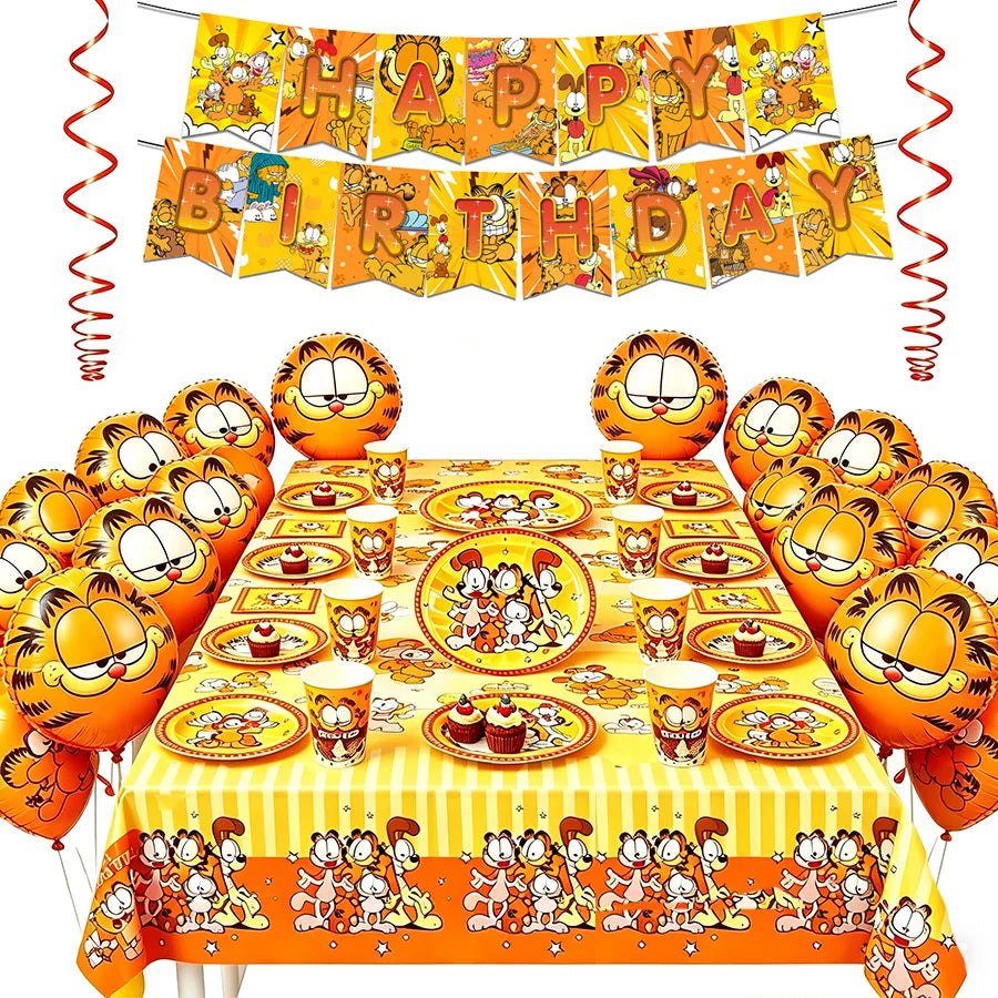 vaisselle jetable fête garfield dessins animés orange jaune nappe serviettes assiettes gobelets thème enfant