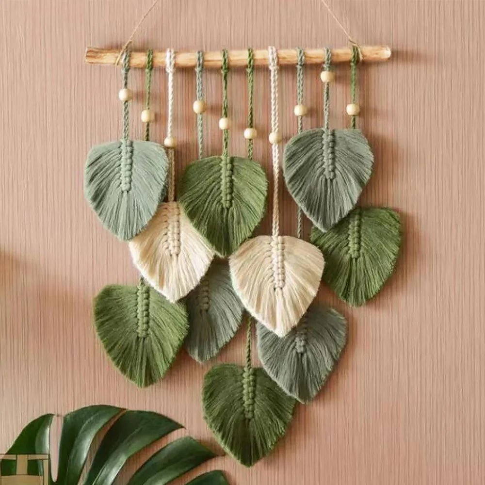 décoration murale boho feuilles macramé vert rose blanc coton polyester 40x90cm crochet