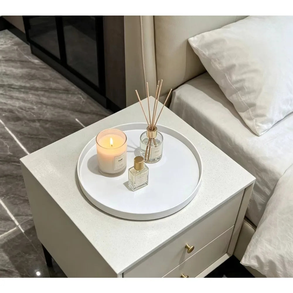 plateau rond blanc surface texturée moderne rangement cosmétiques épices bougies parfumées théière fruits gâteaux