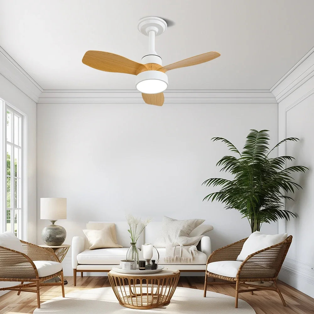 ventilateur moderne led pales réversibles télécommande blanc bois naturel