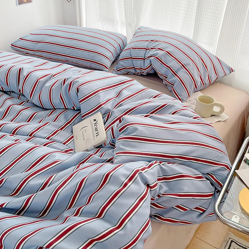 ensemble literie rayures bleu rouge moderne taies oreiller housses décontracté coton mat lit drap