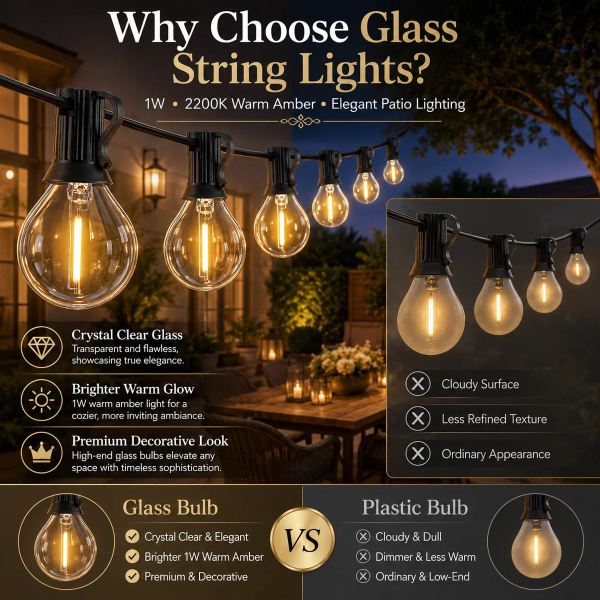 guirlande lumineuse verre vintage ampoules led étanches 220v noir ambre blanc