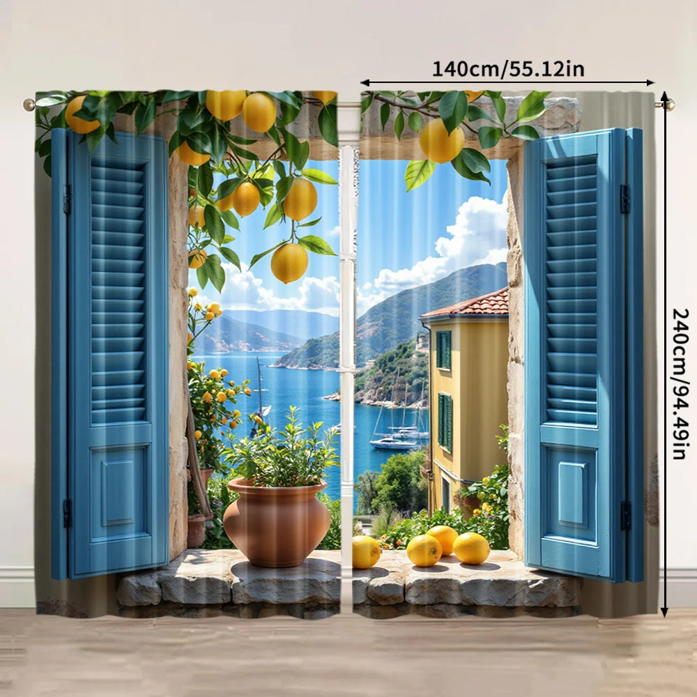 rideau moderne bleu citron feuilles paysage marin pièces polyester annelés