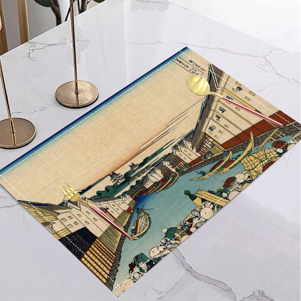 tapis table lin moderne motifs artistiques beige bleu orange noir jaune respectueux environnement 30x40cm
