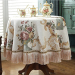 nappe table ronde brodée fleurs roses classique vintage 140cm 180cm 200cm 230cm blanc crème