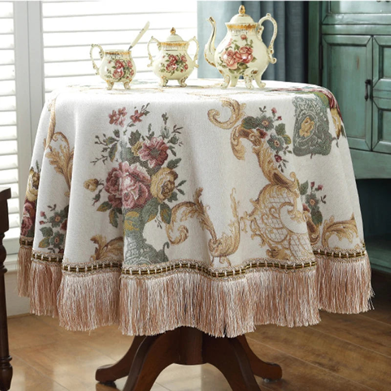 nappe table ronde brodée fleurs roses classique vintage 140cm 180cm 200cm 230cm blanc crème